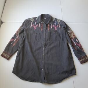 Johnny Was Workshop Shirt Womens Small Gray Embroidered Geometric Boho Tunic Top